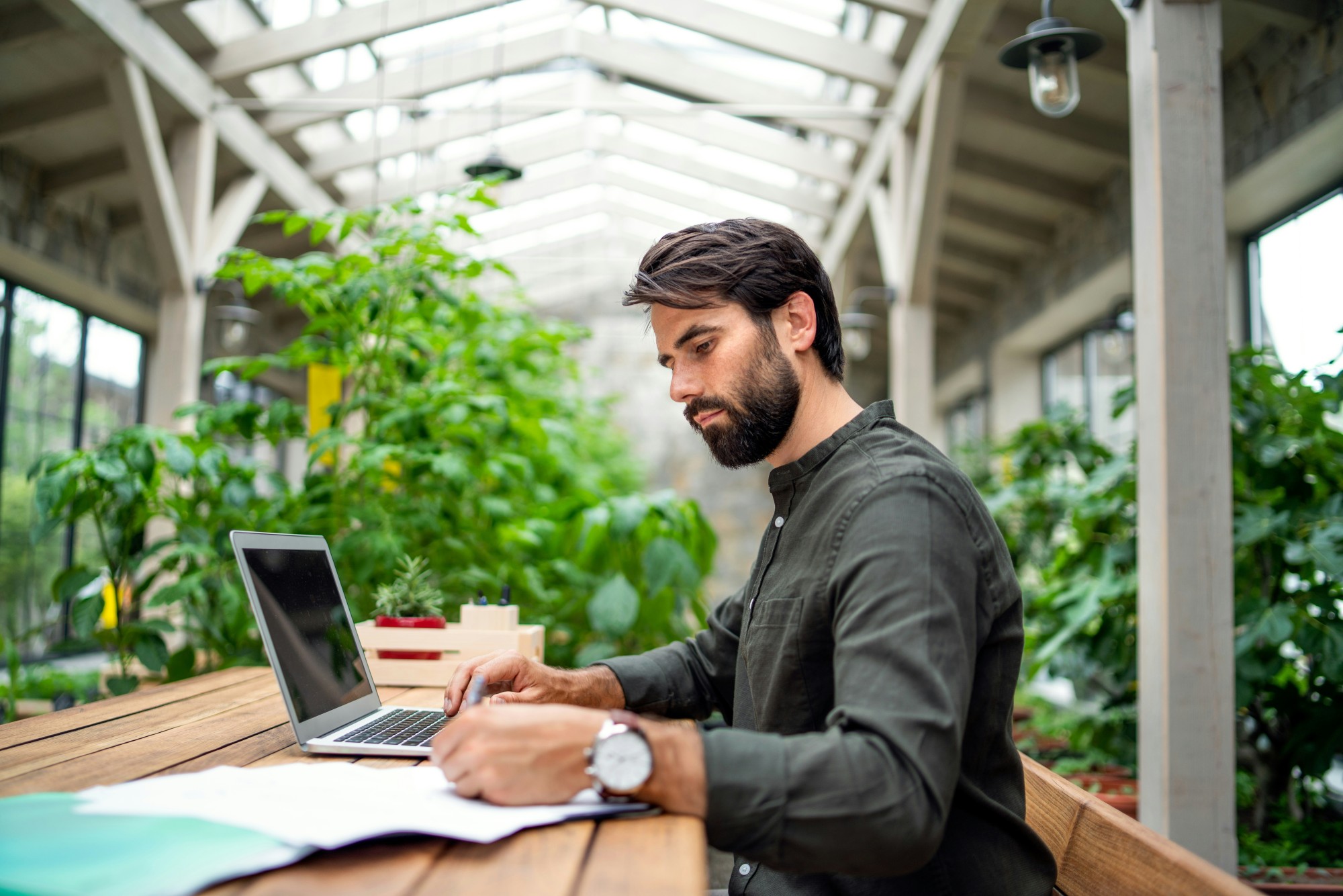 Man working on accounting tasks with Rounded on a laptop at a wooden desk in a greenhouse-style workspace.