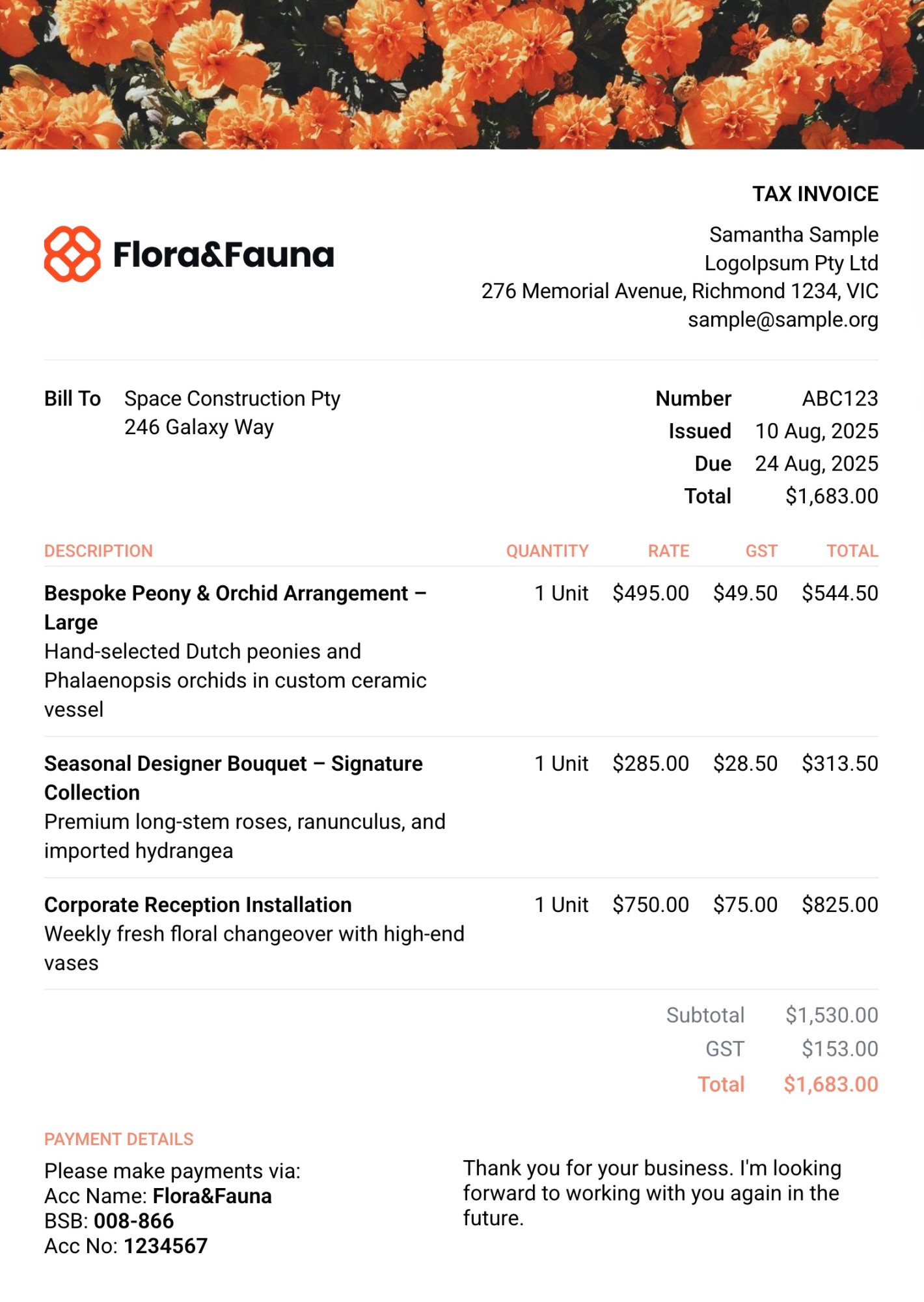 Digital invoice example for a construction client, easily tracked and reconciled with Rounded.