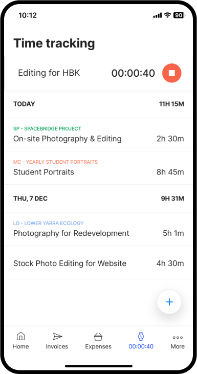 Rounded mobile app showing time tracking for photography, editing, and student portraits.
